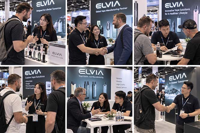 ELVIA vape manufacturer exhibiting at international vape trade show with global customers.jpg
