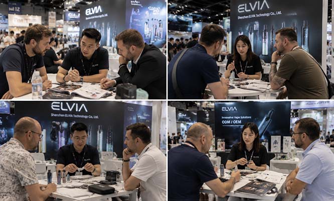 ELVIA vape team discussing OEM ODM vape solutions with overseas customers at trade exhibition.jpg